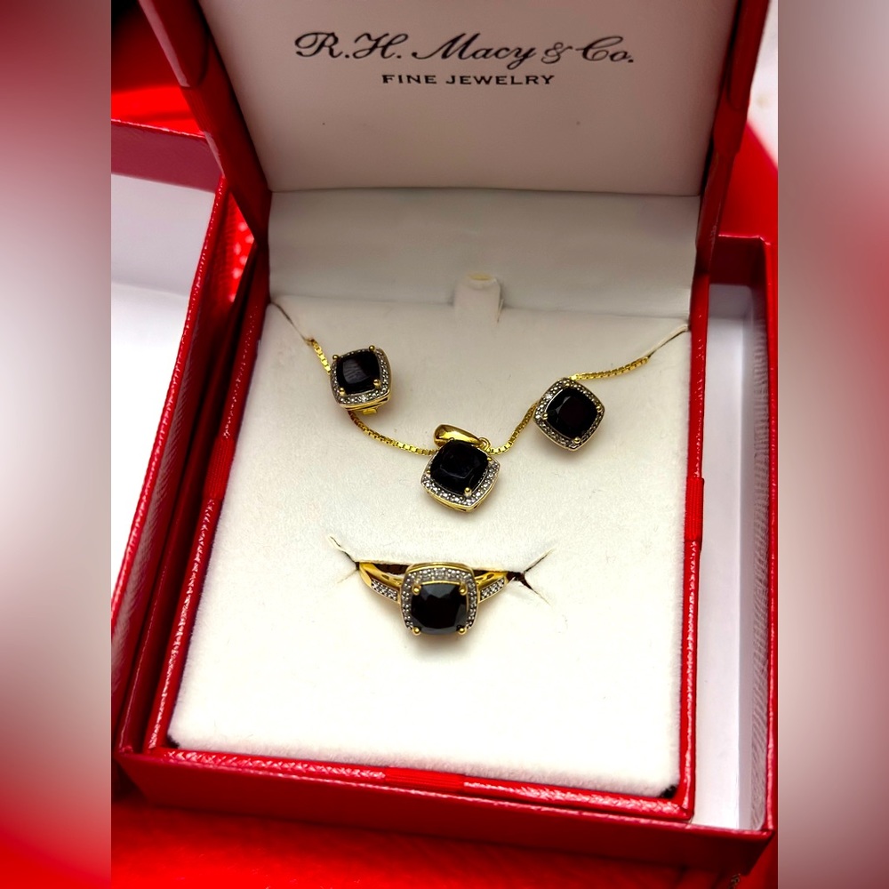 3-Pc. Set Onyx & Diamond Accent Pendant Necklace, Ring size 7 and Stud Earrings